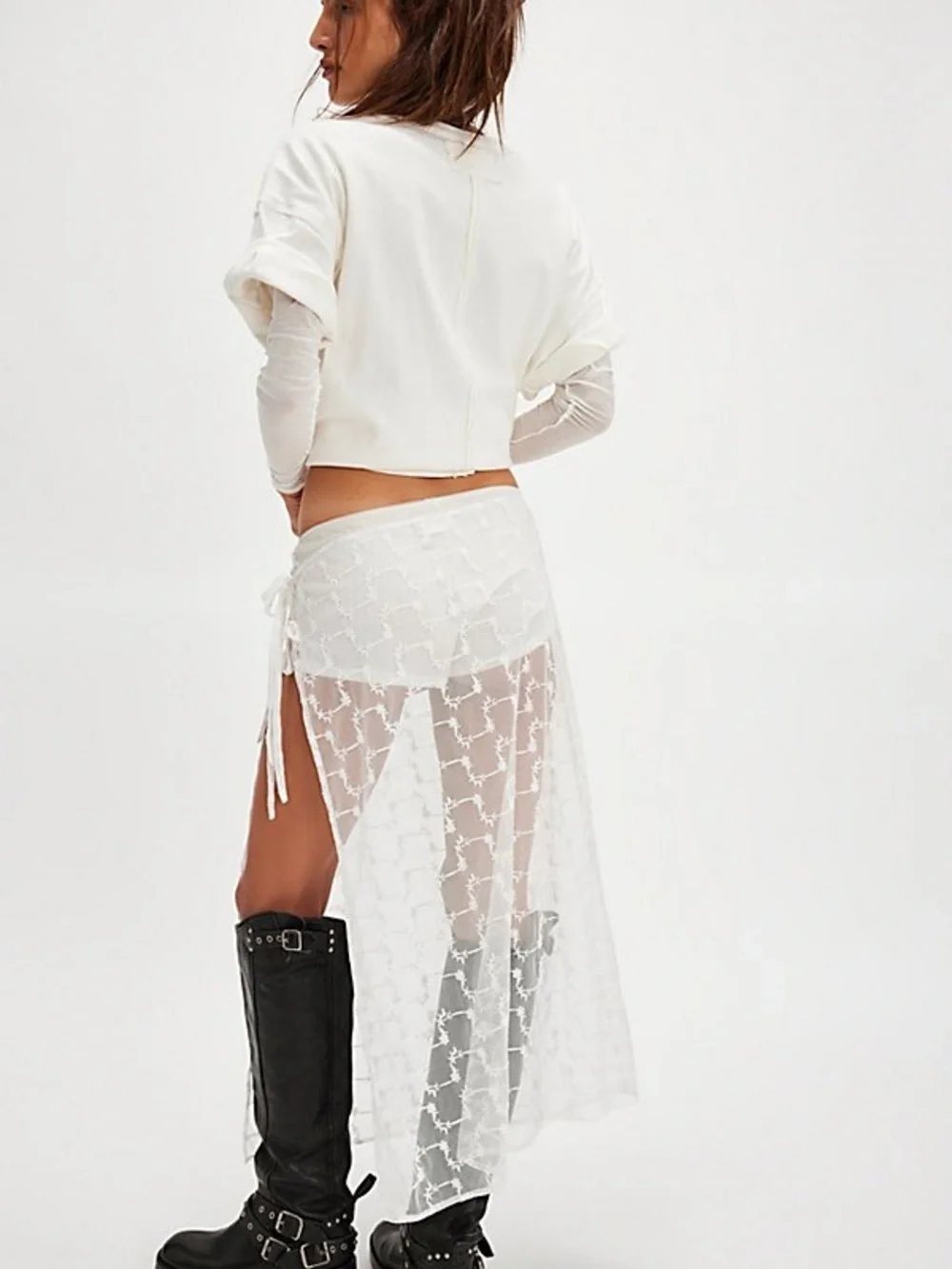 Free People White Sheer Lace Maxi Skirt High Slit Tie Waist Boho Festival